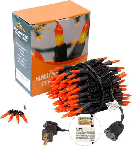 Vista 8 de Luces de Navidad naranjas para interiores o exteriores, 33 pies, 150 unidades de luces incandescentes de tamaño mini para Halloween, cadena de luces