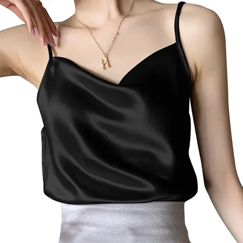 Vista 2 de Miqieer Camiseta básica de seda para mujer, con cuello en V, holgada, sin mangas, de satén, para mujer