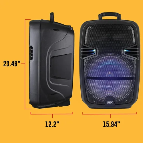 Vista 2 de QFX PBX-616SM - Altavoz recargable Bluetooth de 15 pulgadas con luces LED, micrófono y soporte, color negro Portátil, woofer de 15", tweeter