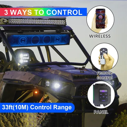 Vista 6 de Barra de sonido UTV de 25 pulgadas, Bluetooth impermeable con iluminación RGB, altavoz Bluetooth con IP65 impermeable, sonido amplificado de 500 W