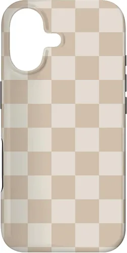 Vista 32 de iPhone 16 Vanilla Blanco café crema a cuadros ajedrez patrón clásico caso