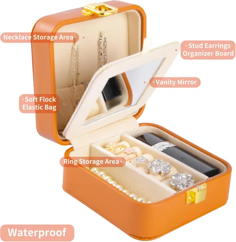 Vista 3 de Direllux Caja organizadora de joyas de viaje de piel sintética, organizador pequeño de joyería de moda con espejo, mini estuche de almacenamiento