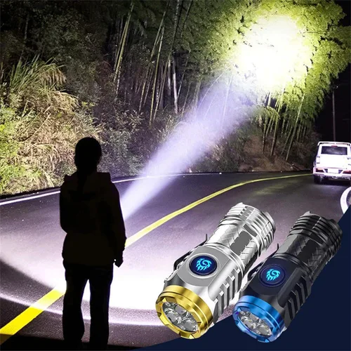 Vista 5 de Linterna LED, 3 luces de alto lúmenes, 5 modos, diseño compacto impermeable para camping, senderismo, emergencias (plateado)