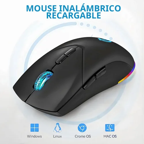 Vista 6 de Ratón inalámbrico, mouse recargable Bluetooth, modo dual BT 5.2 + 2.4G USB silencioso inalámbrico Bluetooth, diseño ergonómico RGB, mouse DPI