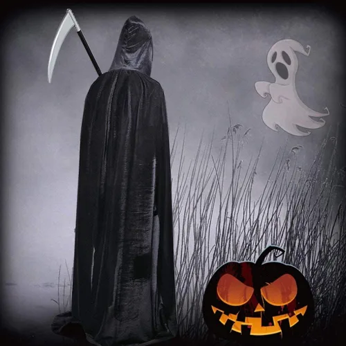 Vista 5 de Halloween Hooded Cloak Black Velvet Cloak Halloween Costumes + Scythe+Skull Mask+Skeleton Gloves Grim Party Costumes