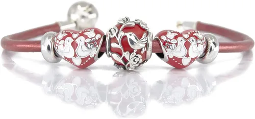 Vista 3 de Tortolitos en fuego, corazón de esmalte rojo y blanco de plata esterlina encanto grano S925, amor aniversario corazón esmalte encanto, arte popular