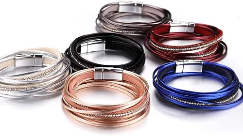 Vista 5 de Fesciory - Pulseras envolventes de cuero para mujer, brazalete con cuentas de cristal de leopardo, bohemia y multicapa
