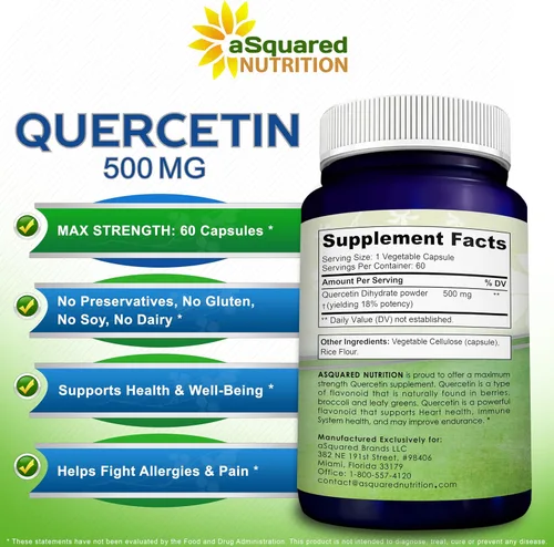 Vista 5 de aSquared Nutrition - Suplemento de Quercetina 500 mg – 60 Cápsulas – Píldoras de Polvo Complejo de Quercetina Dihidrato para Apoyar la Respuesta