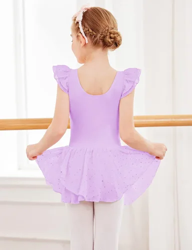 Vista 3 de Arshiner - Vestido de baile de ballet con mangas con volantes, leotardo de tutú con ruedo para niñas Lila