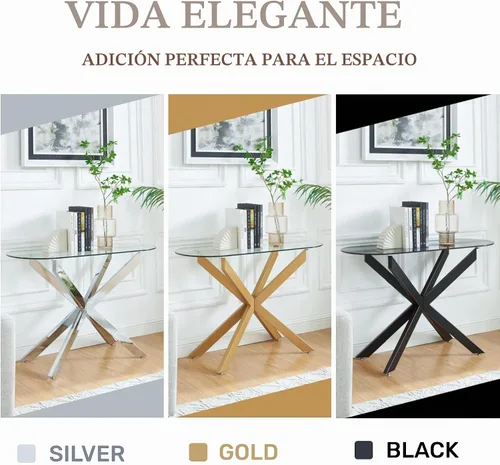 Vista 7 de Moderna mesa consola ovalada de vidrio, mesa de sofá estrecha para entrada, entrada, sala de estar, vestíbulo, pasillo, oficina, 45 pulgadas de Negro