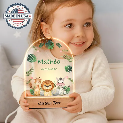 Vista 2 de Regalos personalizados para bebés para niños, animales de la selva de safari placa acrílica personalizada con nombre de luz nocturna, baby shower