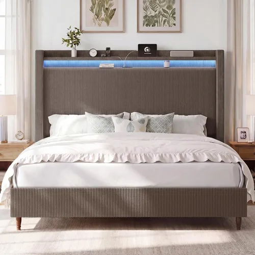 Vista 12 de Base de cama tamaño Queen con cabecera de 55.3 pulgadas de alto, tapizada
