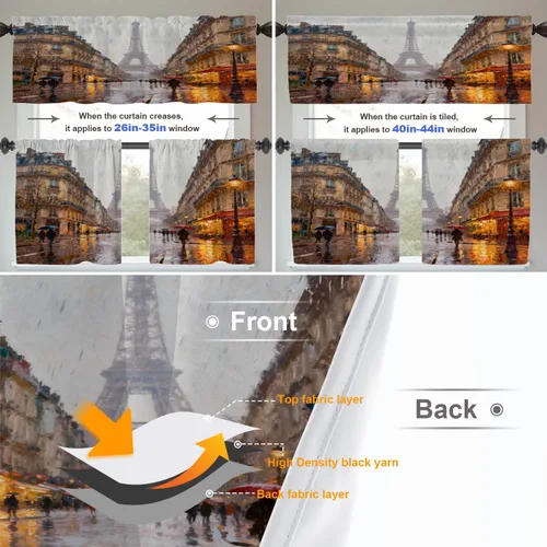 Vista 3 de Cortinas opacas de cocina con pintura al óleo de Europa rosa y negra para ventanas, cenefas opacas modernas de torre Eiffel de poliéster multicapa