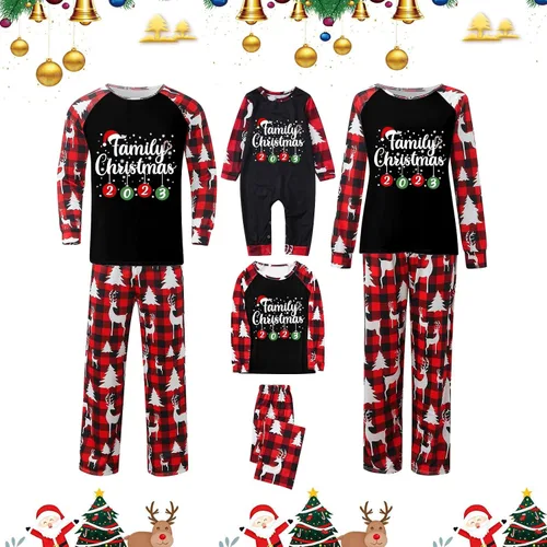Vista 6 de Pijamas de Navidad a juego para la familia, pijamas clásicos de Navidad a cuadros rojos, divertidos pijamas lindos conjuntos de ropa de dormir