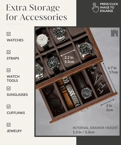 Vista 5 de TAWBURY Organizador de caja de reloj con 8 ranuras para hombre, funda de lujo de piel sintética con cajón Caja de reloj para hombres Estuche