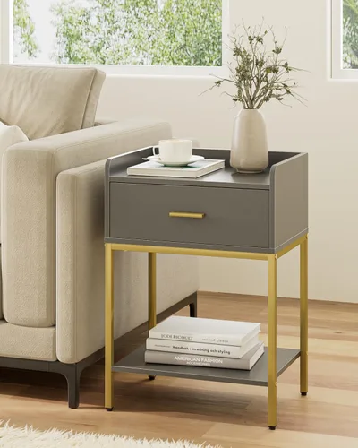 Vista 15 de Mesita de noche, mesita de noche moderna de 3 niveles, mesita de noche con cajón de almacenamiento y estante, mesa auxiliar pequeña para dormitorio