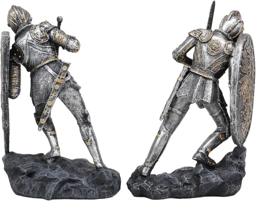 Vista 5 de Ebros Dueling - Juego de estatua de caballeros cruzados medievales con escudo gigante de armas de 8.25 pulgadas de alto, juego de armadura