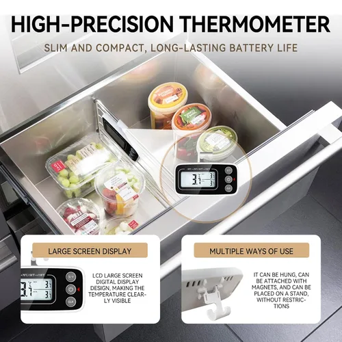 Vista 4 de Termómetro digital para refrigerador, 2 unidades, termómetro para nevera, congelador con pantalla LCD grande, incluye soporte, placa trasera