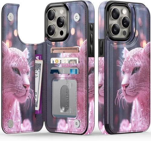 Vista 203 de FUNMIKO Funda tipo cartera para iPhone 15 con tarjetero + clip para efectivo, bloqueo RFID, protección contra caídas de grado militar y obras