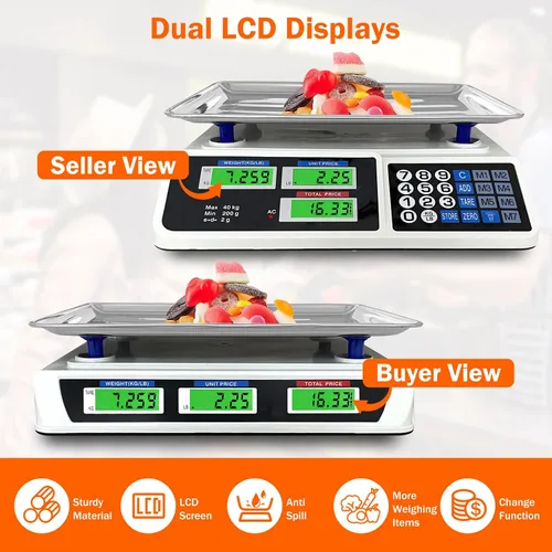 Vista 5 de Báscula de cálculo de precios de 88 lb/40 kg, báscula digital de cálculo de precios con plataforma grande de acero inoxidable, báscula de cocina