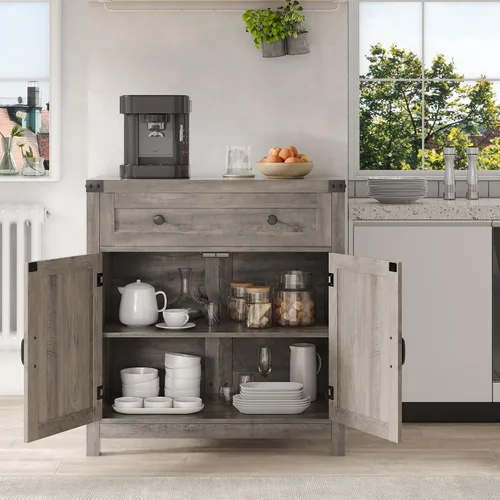 Vista 5 de HOSTACK Armario de almacenamiento de cocina, gabinete de barra de café de granja, gris ceniza Small Buffet Cabinet with Doors & Wide Drawer, Wood
