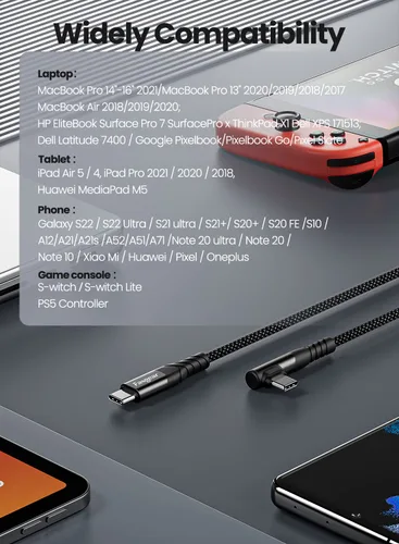 Vista 7 de Fasgear Cable USB C de 240 W - Cable PD 3.1 USB 2.0 tipo C de 6 pies, carga rápida de 5A, cargador trenzado de 90 grados, compatible con Mac-Book
