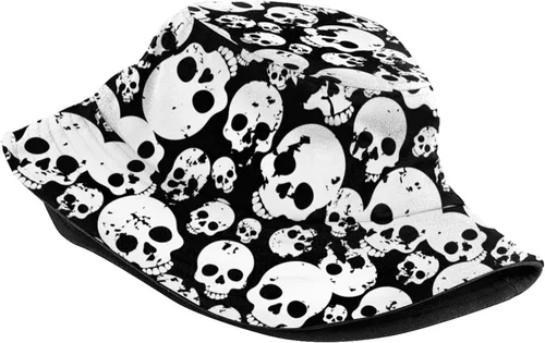 Vista 2 de Sombrero de pescador plegable para el sol y la playa, para mujeres y hombres, senderismo al aire libre, Cráneo blanco y negro, Talla única