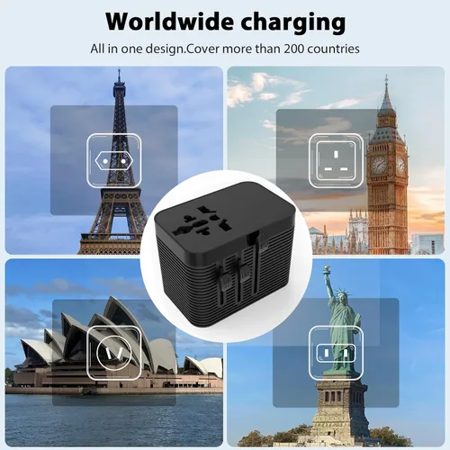 Vista 2 de Adaptador de viaje mundial con 5 puertos (1 AC/2 USB-A/2 USB-C), enchufe de alimentación universal, protección contra sobretensiones de fusibles