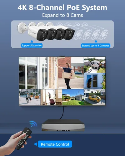 Vista 8 de (Actualización 2026) Sistema de cámara de seguridad 4K PoE con detección humana PIR e IA, NVR de 8 canales con disco duro de 4 TB, 4 cámaras, ultra