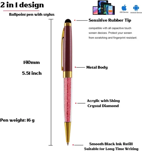 Vista 6 de Ancolo Bolígrafos grabados de lujo con punta de lápiz capacitivo, repuestos de tinta negra de cristal, bolígrafos de calidad, personalizados