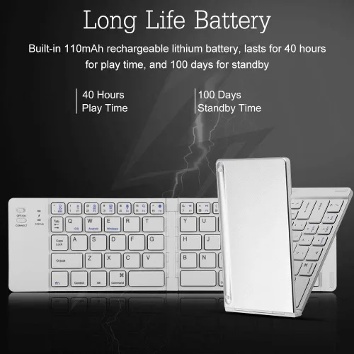 Vista 6 de Diyeeni Teclado compacto plegable, teclado Bluetooth ergonómico portátil, teclados inalámbricos de viaje de tamaño bolsillo para iOS, Android