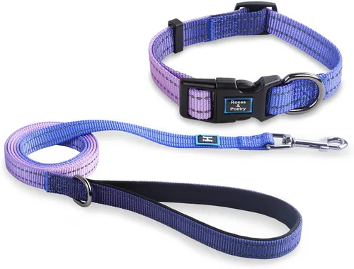 Vista 9 de Roses&Poetry - Juego de collar y correa reflectante para perros pequeños, arneses para cachorros con collares, collar y correa de nailon ajustable