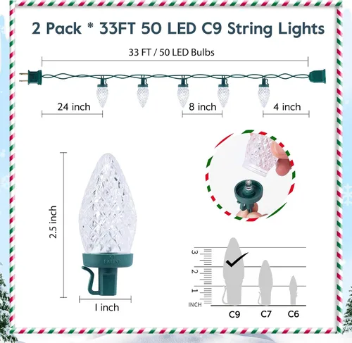 Vista 2 de Brightown Paquete de 2 Luces de Cadena LED C9 Azules y Blancas de Navidad - 33 pies 50 LED Luces de Cadena de Fresa Impermeables, Luces de Cadena