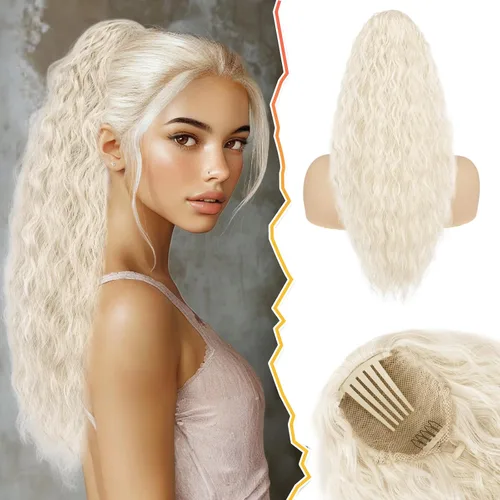 Vista 7 de BARSDAR Extensión de cola de caballo rizada ondulada con cordón negro marrón – 22 pulgadas de extensión de cabello sintético con peine de clip