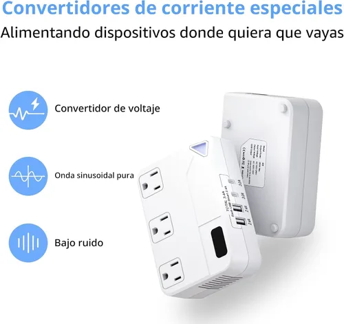 Vista 7 de Enchufe de conversión de 250 W, convertidor de viaje internacional con 2 puertos USB y 2 puertos USB-C, reducción de 220 V a 110 V para áreas de 100