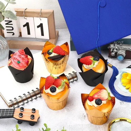 Vista 5 de Augshy - Revestimientos para magdalenas, 60 envoltorios de tulipanes negros y dorados para hornear Greaseproof Paper Muffin Wrappers Holders, Cake