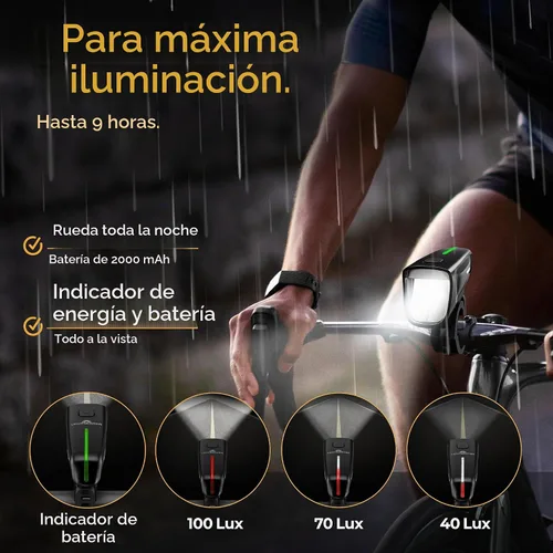 Vista 3 de Luces de bicicleta de 100 Lux - Batería de 2000 mAh - con reflector y luz de freno - USB-C recargable y a prueba de salpicaduras - Luces