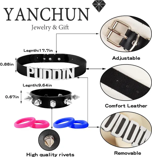 Vista 4 de YANCHUN Gargantilla Puddin para mujer, pulsera de cuero con pinchos, accesorios de disfraz de Halloween