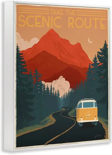 Vista 2 de Stupell Industries Take The Scenic Route Phrase Retro Mountain Travel, diseñado por Janelle Penner - Arte de pared enmarcado en blanco, 24 x 30