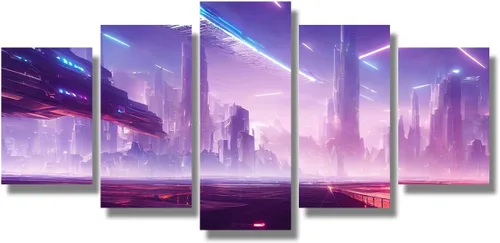 Vista 37 de Lienzo decorativo para pared, diseño de ciudad futurista Cyberpunk para sala de estar, impresión multipanel, obra de arte de cocina, pintura