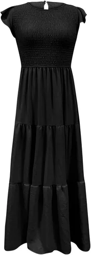 Vista 7 de Ceboyel Vestido de manga corta con vuelo para mujer, vestido midi casual con escalones, vestido de verano fruncido a la moda, trajes de mujer 2023