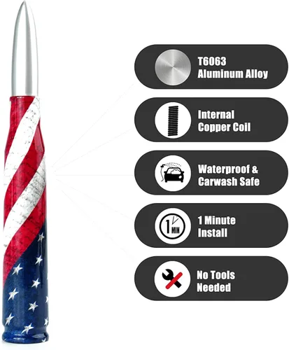 Vista 3 de Antena de bala Calibre 50 para auto y camión con diseño de bandera americana Compatible con Ford F150 F250 F350, Dodge RAM 1500, Chevy Silverado