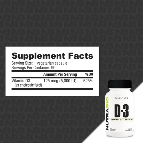 Vista 2 de NutraBio Vitamina D (5000 UI), apoyo inmunológico - 90 cápsulas vegetales