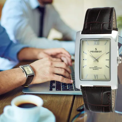 Vista 4 de Peugeot - Reloj de pulsera rectangular con textura de números romanos para hombre, con correa de cuero