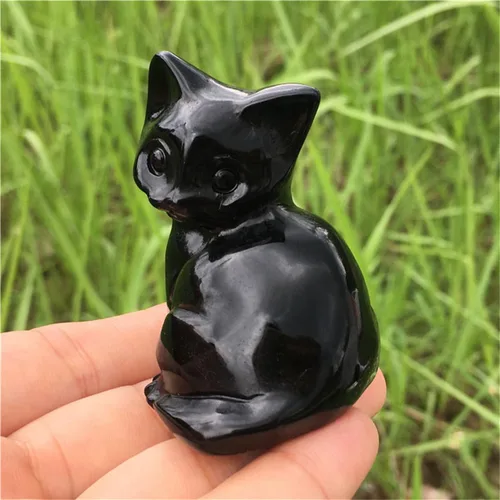 Vista 8 de Figura de gato de obsidiana negra de 2.2 pulgadas, diseño de gato negro, decoración del hogar, piedra natural, estatua de animal, cristales