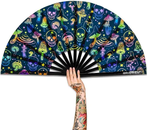 Vista 8 de Abanico para rave con brillo ultravioleta, abanico de mano plegable de bambú para hombres y mujeres (psicodélico espacial, mediano de 11 pulgadas)