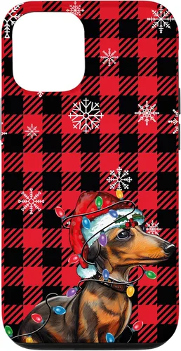 Vista 28 de iPhone 16 Dachshund Christmas Phone Case Red Plaid Pattern Christmas Lights Case