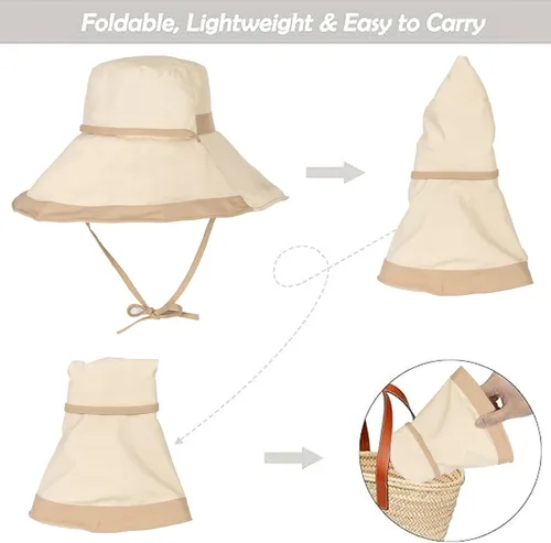 Vista 6 de Sombrero de sol de ala ancha UPF 50+ para mujer, transpirable, con protección UV, plegable para la playa al aire libre Beige