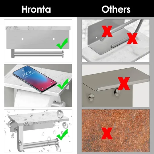 Vista 3 de Soporte de papel higiénico con estante de mármol, soporte de papel higiénico montado en la pared de acero inoxidable SUS304 y 2 ganchos adhesivos