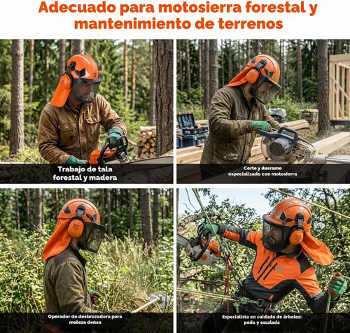 Vista 7 de Safeyear Casco de motosierra con protector facial y orejeras, casco forestal certificado ANSI con correa para la barbilla, visera de malla